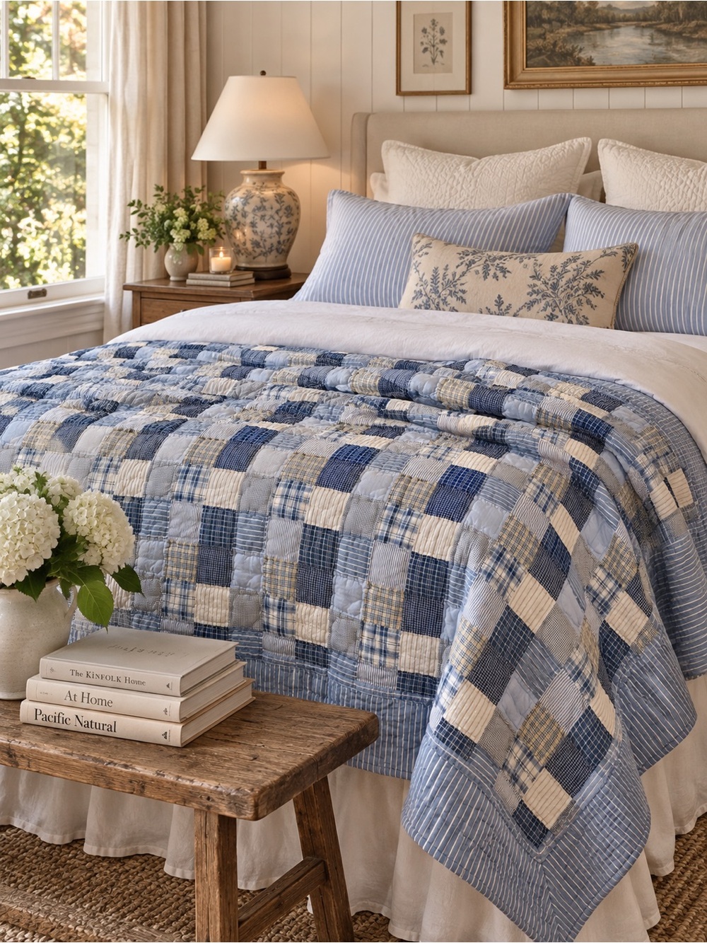 Vintage Blue Plaid Patchwork Twin Quilt Reversible Cottage Bedding 82” x 66”